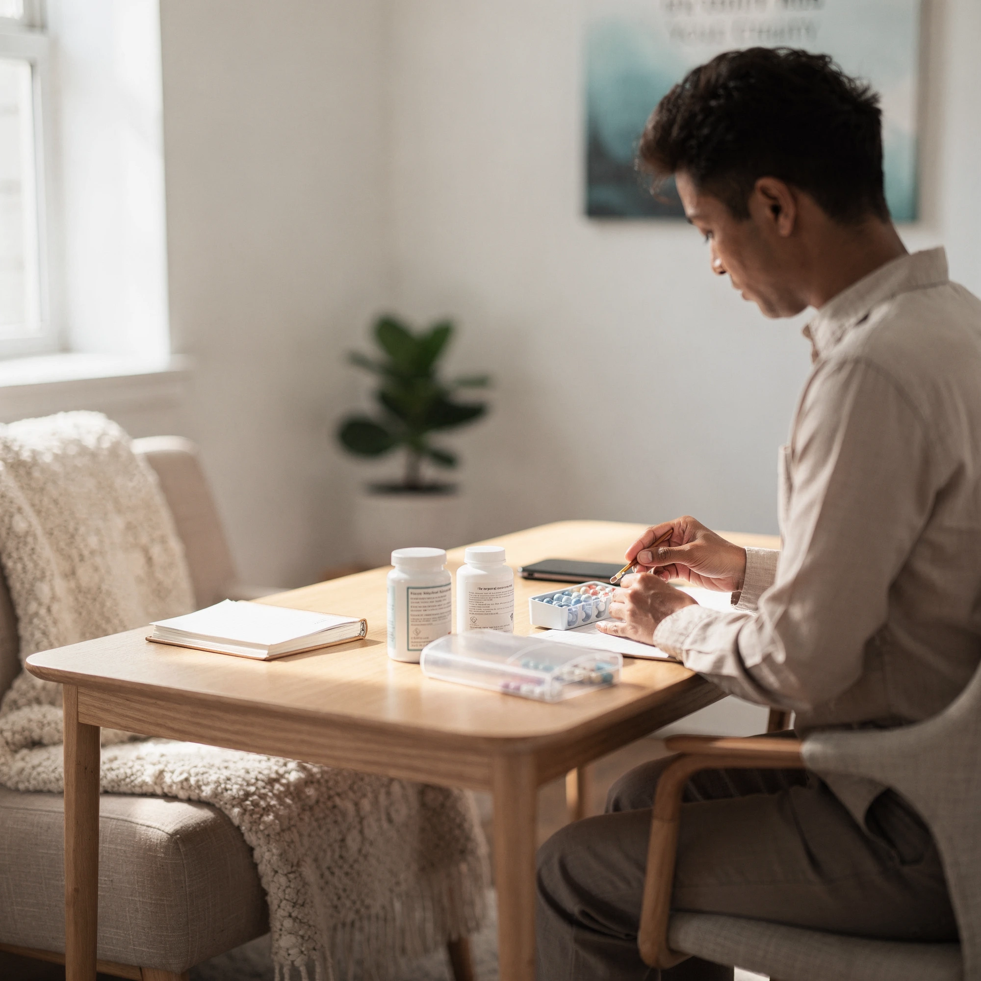 Man at a table with medication bottles – medication management in Abington, PA